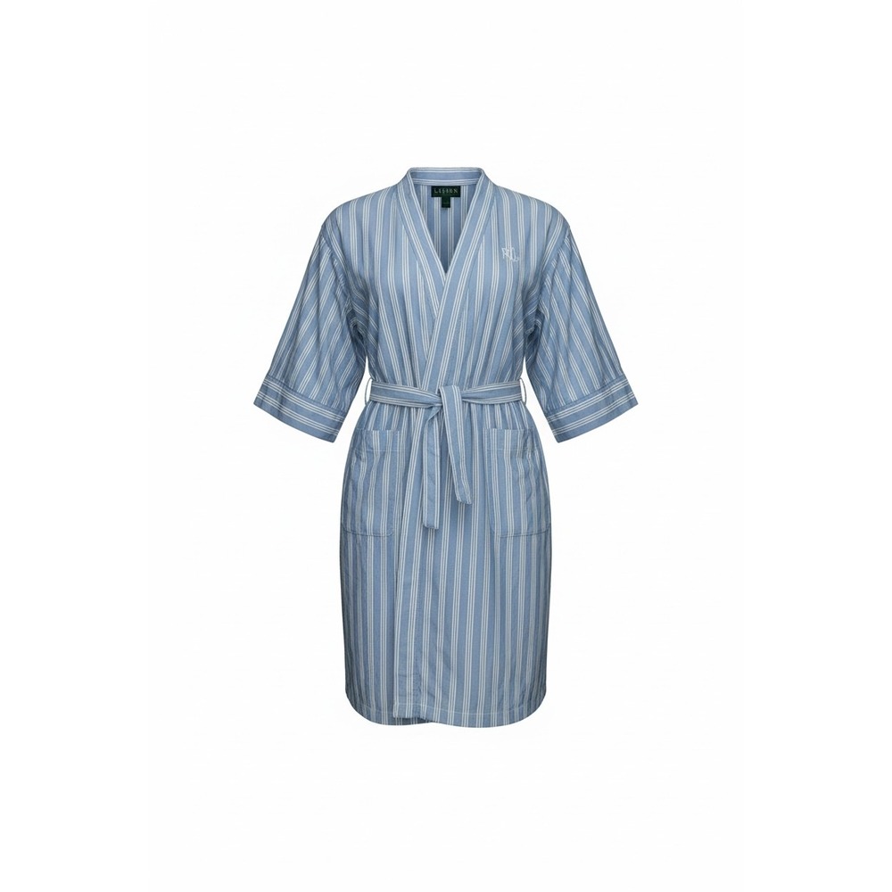 Lauren Ralph Lauren Womens Blue White Striped Cotton Robe Size M LRL Logo Wrap